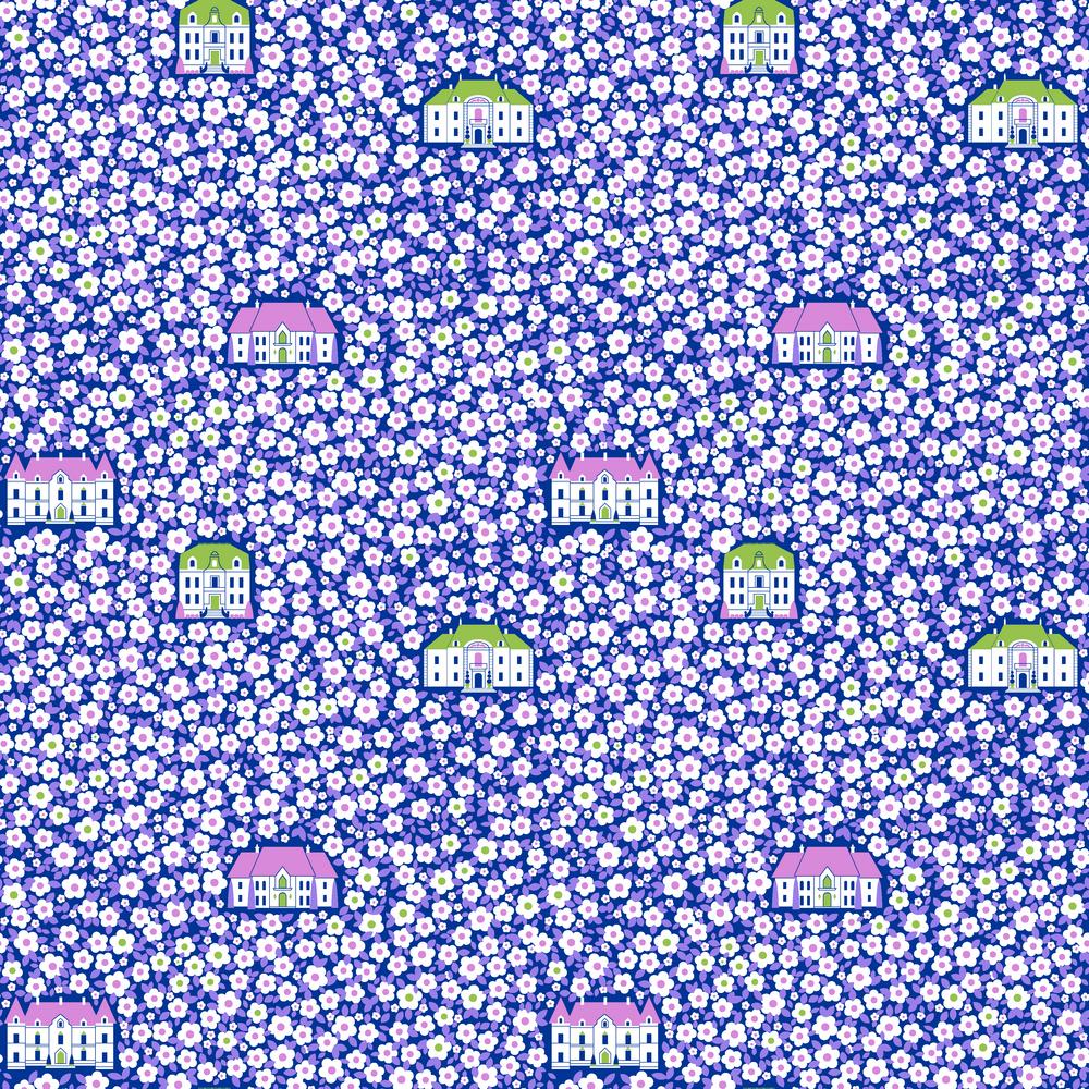 Belle Epoque by Stacy Peterson for Freespirit Fabrics Chateau in Violet whimsical manor houses scattered on a field of small violet daisies with white petals high quality quilt cotton for quilts garments sewing projects bags