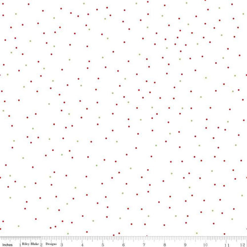 Riley Blake Designs Basic Pin Dot Design in Christmas colors Scattered small polka dots in red green silver on a white background for use as a blender or accent in a quilt tree skirt bag stocking high quality cotton fabric material