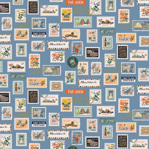 Rifle Paper Co. Bon Voyage for Cotton + Steel vintage style vintage postage stamps from around the world cotton antique blue accents Paris france amsterdam tokyo london new york quilt material bags apron pillow fabric metallic cancellation stamp