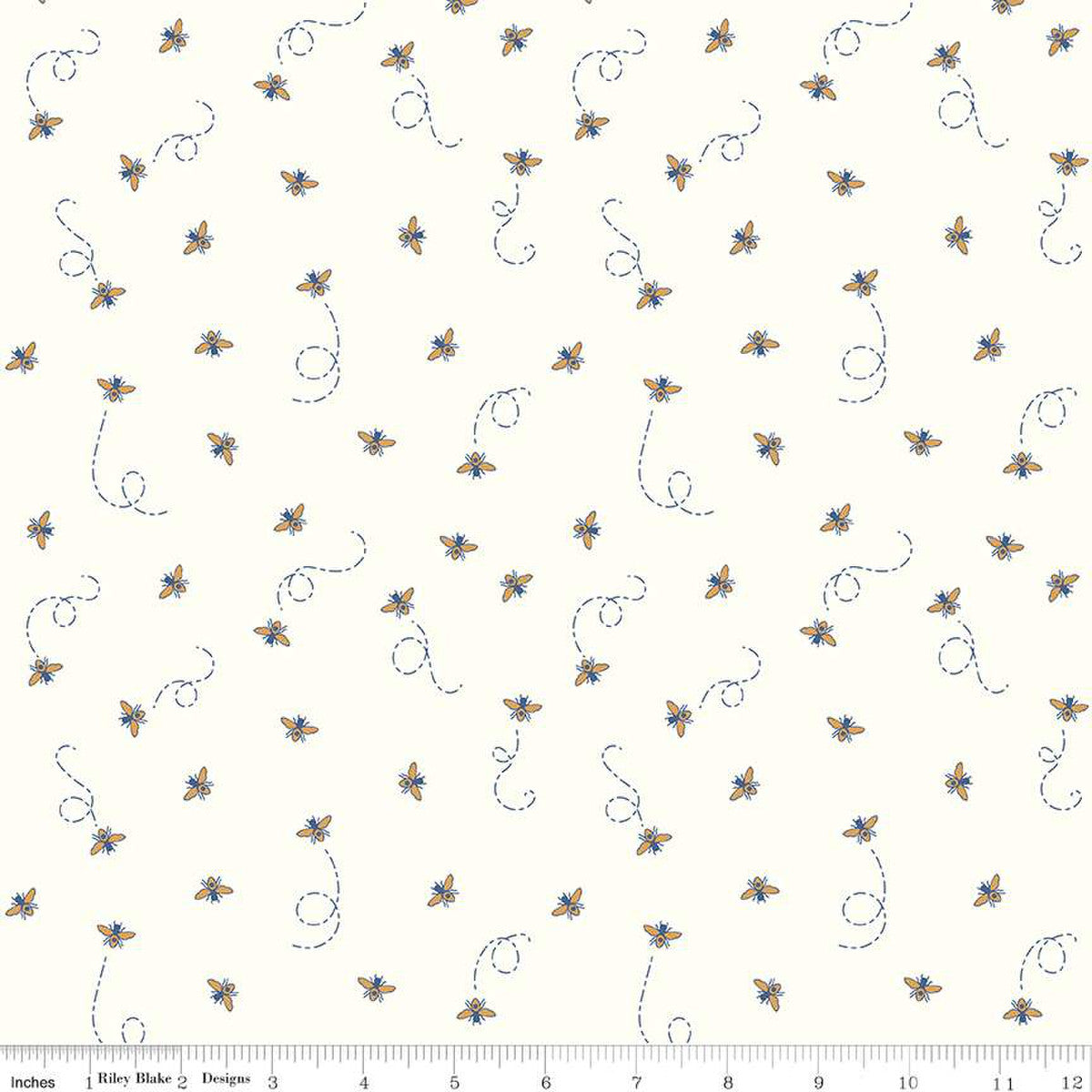 Dainty Fields Bee Cloud Sparkle by Beverly McCullough for Riley Blakes Designs basic fabric in cream with soft yellow bees and a stitched trail in navy blue  cotton quilting sewing fabric material