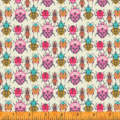 Sally Kelly Eden Bug Race Beetles Cream citron hot pink turquoise ladybug background Liberty of London designer high quality cotton quilt garment clothing sewing fabric material