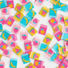 Load image into Gallery viewer, Sarah Hearts Summer Fruits woven double sided labels for garments clothing bags quilts multi-colored backgrounds of yellow pink aqua with watermelon slice strawberry banana and orange