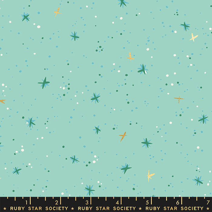 Teal and gold metallic stars with scattered white and teal dots on aqua greenbackground from Jolly Darlings by Ruby Star Society for Moda Fabrics cotton holiday yardage for stockings quilts pillowcases tree skirts fussy cutting and more 