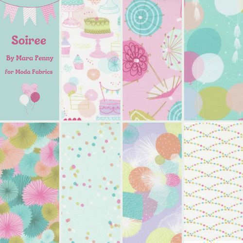 Soiree fabric collection by Mara Penny for Moda Fabrics birthday party theme with cake balloons cocktail umbrellas paper fabs confetti decorations in vanilla cream pink raspberry aqua yellow gold high quality quilt cotton for quilting garments table runner pillowcase fat quarter bundle