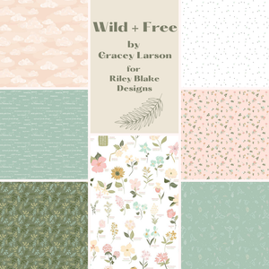 Wild and Free by Gracey Larson for Riley Blake Designs 7 fat quarters peach clouds soft green text words birds scattered flowers on blush pink dots and leaves on white and botanical drawings of flowers and names on white background cotton quilt weight fabric for quilting bags garments sewing 