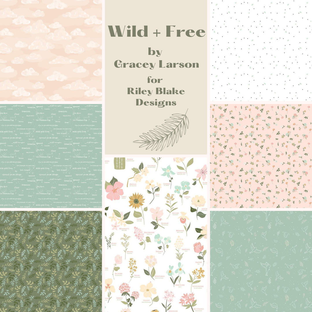 Wild and Free by Gracey Larson for Riley Blake Designs 7 fat quarters peach clouds soft green text words birds scattered flowers on blush pink dots and leaves on white and botanical drawings of flowers and names on white background cotton quilt weight fabric for quilting bags garments sewing 