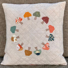 Load image into Gallery viewer, Mushroom Fairy Ring pillow wall hanging kit pattern by Quiety Play fabrics using Summer Folk Cotton +  Steel Slow Stroll moda and Essex Linen in Flax comes with pattern, fabrics and backing