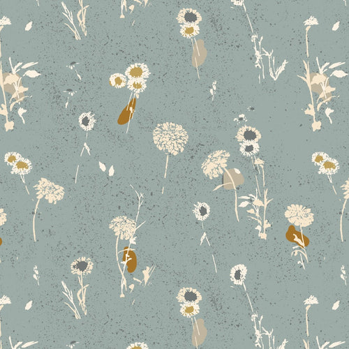 blue and gold Dandelion flowers with cream outline of stems and leaves with  blue gray tone on tone speckled background Painted Meadow Sky Blue Summer Folk Collection by Lissie Teehee for Cotton and Steel Fabrics high quality quilting weight cotton fabric for quilts bags sewing projects clothing garments