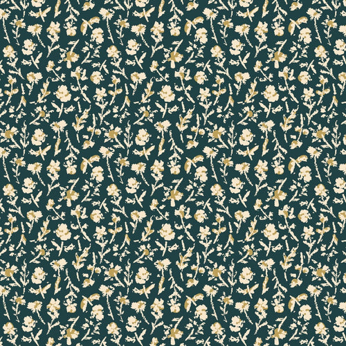 Little Florets in Evening Blue small scale dandelion flowers with stem and leaf in cream and gold outline on a dark teal background Summer Folk Collection by Lissie Teehee for Cotton and Steel Fabrics high quality quilting weight cotton fabric for quilts bags sewing projects clothing garments