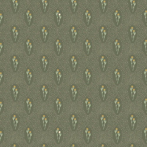 Sage green background with tiny cream speckled dots and soft green stem and leaf with gold dandelion flower Foliage in Green Summer Folk Collection by Lissie Teehee for Cotton and Steel Fabrics high quality quilting weight cotton fabric for quilts bags sewing projects clothing garments