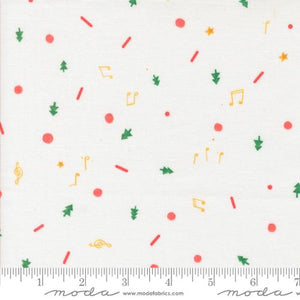 Lizzy House Tiny Christmas Moda Fabric quilt cotton white background snow small tossed holiday icons music notes trees dots lines red gold green