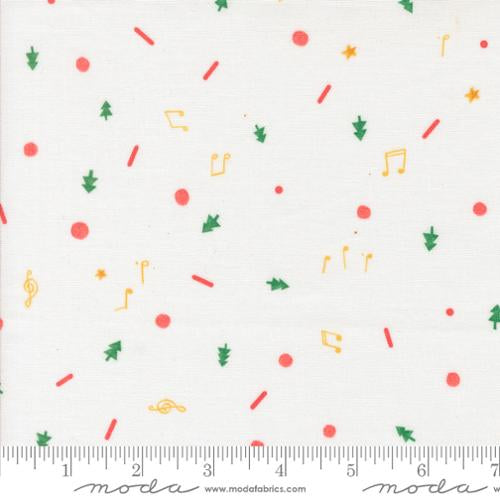 Lizzy House Tiny Christmas Moda Fabric quilt cotton white background snow small tossed holiday icons music notes trees dots lines red gold green
