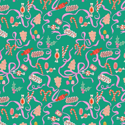Holly Jolly by Dear Stella cotton quilt fabric Christmas Holiday Vintage Retro style green festive tossed old fashioned candy