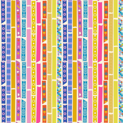 Ruby Star Society Moda Fabric Washi plus Rashida Coleman Hale novelty quilt weight fabric rows of multi-colored washi tape in bright colors on natural background
