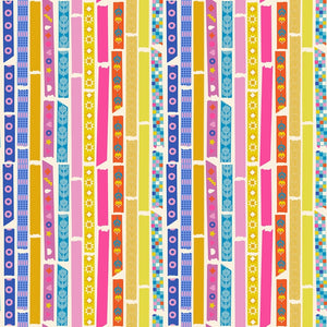Ruby Star Society Moda Fabric Washi plus Rashida Coleman Hale novelty quilt weight fabric rows of multi-colored washi tape in bright colors on natural background