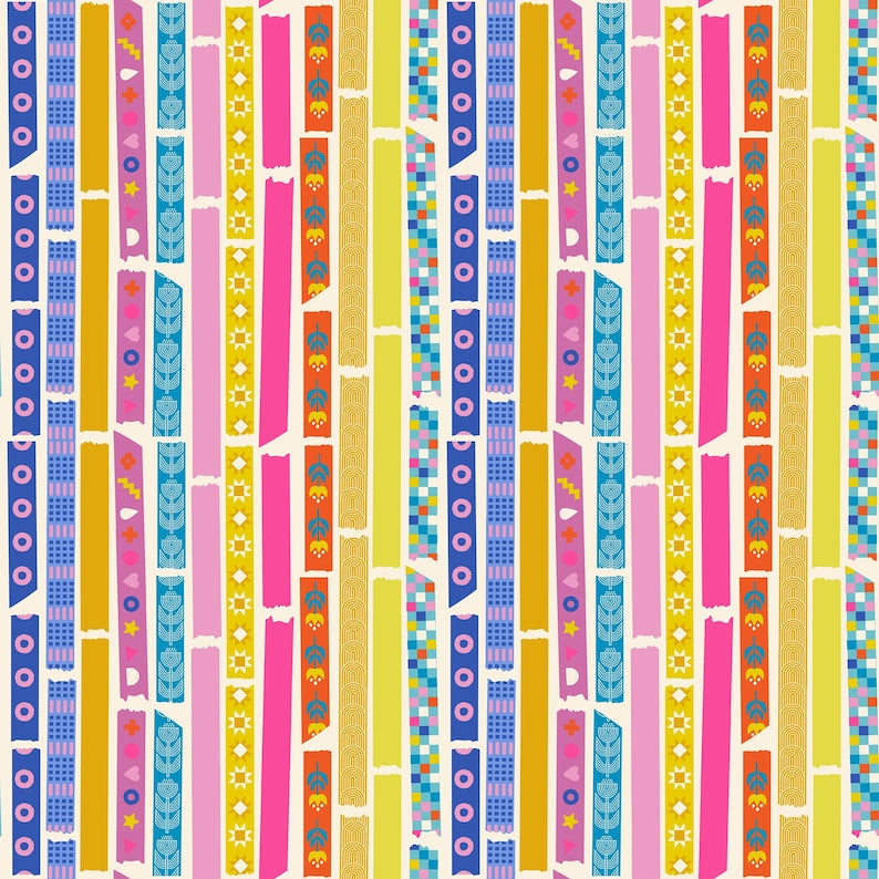 Ruby Star Society Moda Fabric Washi plus Rashida Coleman Hale novelty quilt weight fabric rows of multi-colored washi tape in bright colors on natural background