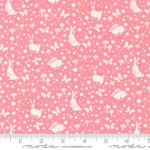 Love Letter LIzzy House Moda Fabrics quilting cotton medium pink background with small white rabbits butterflies mushrooms and various sizes of polka dots