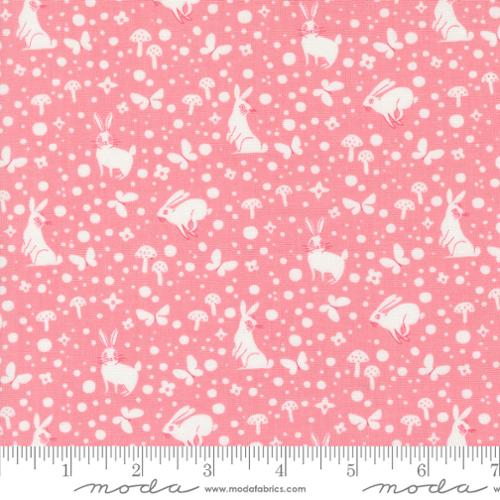 Love Letter LIzzy House Moda Fabrics quilting cotton medium pink background with small white rabbits butterflies mushrooms and various sizes of polka dots