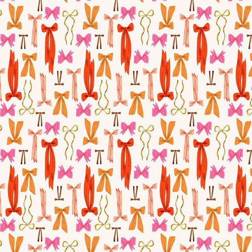 Holly Jolly by Dear Stella cotton quilt fabric Christmas Holiday Vintage Retro style different sized ribbons on white pink red orange peach gold