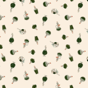 Dear Stella fabric Potion bottles retro style on cream background dark green liquid various shapes tossed Rae Ritchie quilt weight cotton