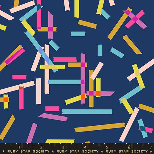Ruby Star Society Moda Fabric Washi plus Rashida Coleman Hale novelty quilt weight fabric bluebell dark blue background with random bright multi-colored confetti washi tape strips