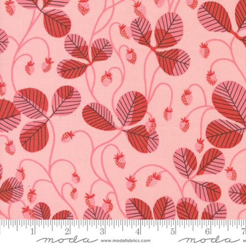 Love Letter LIzzy House Moda Fabrics quilting cotton light pink background with dark pink and red leaves and small strawberries 