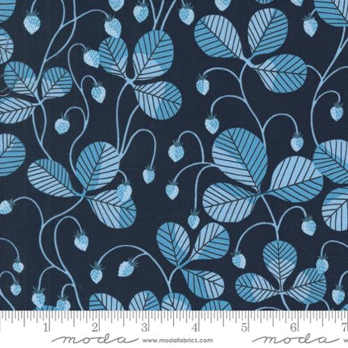 Love Letter LIzzy House Moda Fabrics quilting cotton peacoat navy blue background with light blue leaves and a dark outline and small blue strawberries 