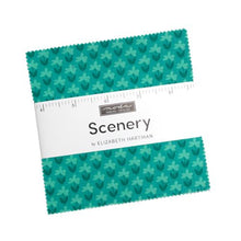 Load image into Gallery viewer, Teal fabric with floral pattern and ruler for scale, branded 'Scenery' by Elizabeth Hartman. 5 inch charm pack 
