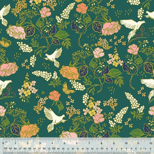 Verdant In the Garden Organic fabric by Jennifer Moore for Windham Fabrics teal green background white lupin birds metallic coral roses pink peonies scattered petals quilt weight cotton by the half yard
