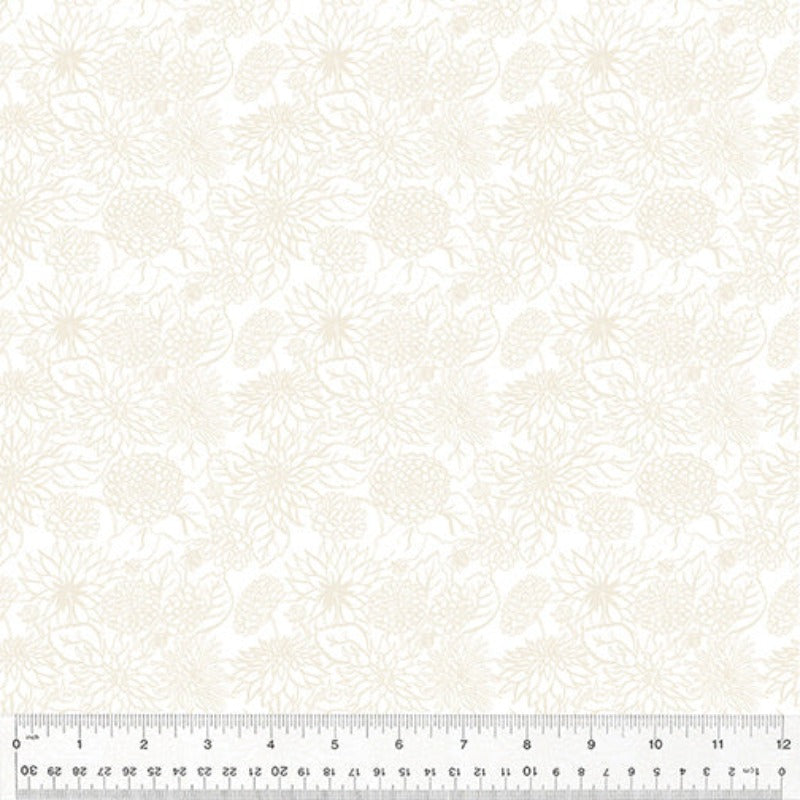 White Dahlia Dream Organic cotton fabric In the Garden by Jennifer Moore for Windham Fabrics low volume tone on tone chrysanthemum floral quilt weight cotton 
