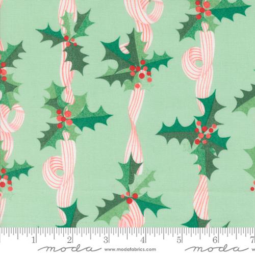 Lizzy House Tiny Christmas Moda Fabric quilt cotton mint green background holly berry ribbons in rows candy striped 