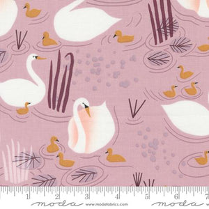 Love Letter LIzzy House Moda Fabrics quilting cotton mother and baby swan print mauve pond white mother swan and yellow baby swans maroon leaves cattails aqua bubbles 