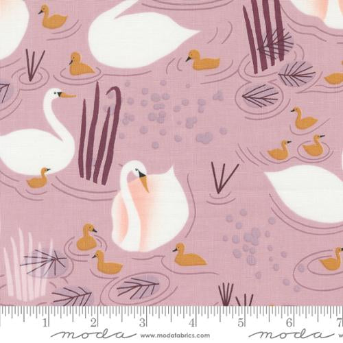 Love Letter LIzzy House Moda Fabrics quilting cotton mother and baby swan print mauve pond white mother swan and yellow baby swans maroon leaves cattails aqua bubbles 