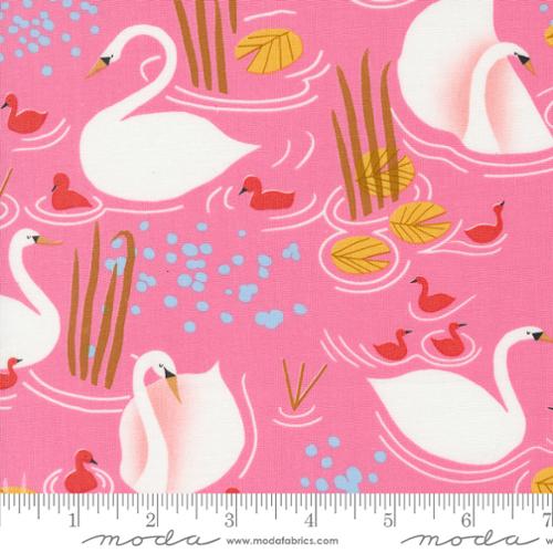 Love Letter LIzzy House Moda Fabrics quilting cotton mother and baby swan print pink pond white mother swand and red baby swans golden yellow leaves cattails aqua bubbles 