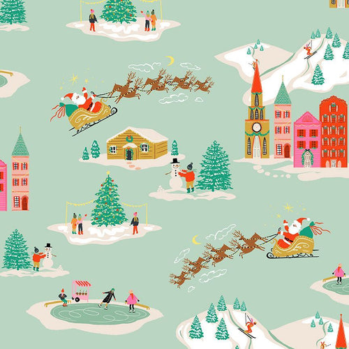 Holly Jolly by Dear Stella cotton quilt fabric Christmas Holiday Vintage Retro style mint green pink red ice skaters sleds village trees 