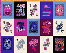 Load image into Gallery viewer, Grid of playing card designs with colorful and artistic illustrations on a purple background. Ruby star society sarah watts panel Hello Alice collection 100% cotton quilt fabric
