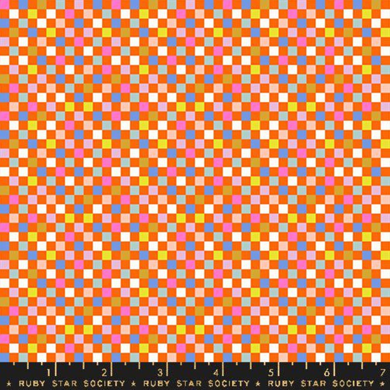 Ruby Star Society Moda Fabric Washi plus Rashida Coleman Hale novelty quilt weight fabric pixels in orange and multiple colors yellow pink brown blue tiny squares