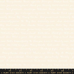 Novelty Salutations Rashida Coleman Hale Ruby Star Society Moda Fabrics Cotton Quilt garment bags parchment cream background tone on tone background fabric with words written in cursive script white on cream
