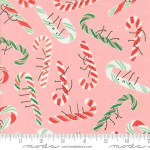Lizzy House Tiny Christmas Moda Fabric quilt cotton candy pink background green red striped candy canes with faces scattered
