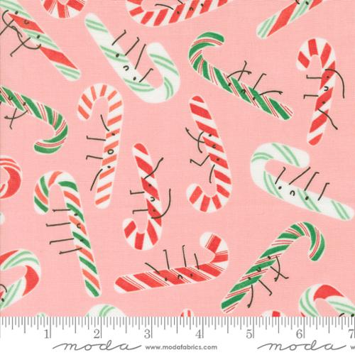 Lizzy House Tiny Christmas Moda Fabric quilt cotton candy pink background green red striped candy canes with faces scattered