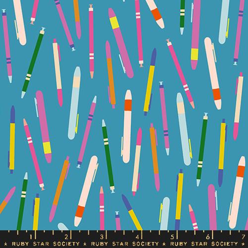 Novelty Salutations Rashida Coleman Hale Ruby Star Society Moda Fabrics Cotton Quilt garment bags vintage blue background different sizes of pens and pencils thrown around on a square white with red band pink green light blue Do You Have a Pen?