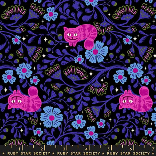 Hello Alice Chesire Cat Floral on Black by Sarah Watts for Ruby Star Society Moda