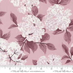 Love Letter LIzzy House Moda Fabrics quilting cotton mauve background with white elderberry flower blossoms and darker tone on tone leaves and stems floral