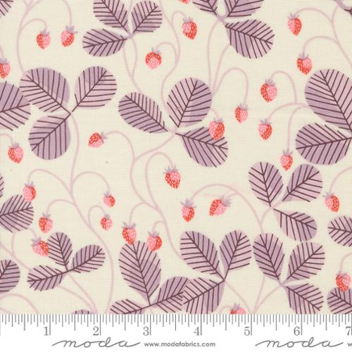 Love Letter LIzzy House Moda Fabrics quilting cotton eggshell cream white background with lavender leaves and a dark outline and small strawberries 