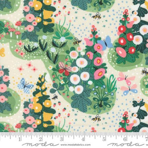 Love Letter LIzzy House Moda Fabrics quilting cotton main print foxgloves bees butterflies garden path sweet pink yellow white blooms green grass and foliage nature fairy garden