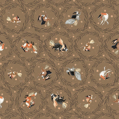 Dear Stella Fabric cedar bark colored background with forest animals flying on brooms birds mouse leaves encircling framed Rae Ritchie Designs