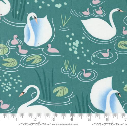 Love Letter LIzzy House Moda Fabrics quilting cotton swan print pond green teal water pink baby swands and cream and blue mother swans light green lily pond leaves light aqua bubbles