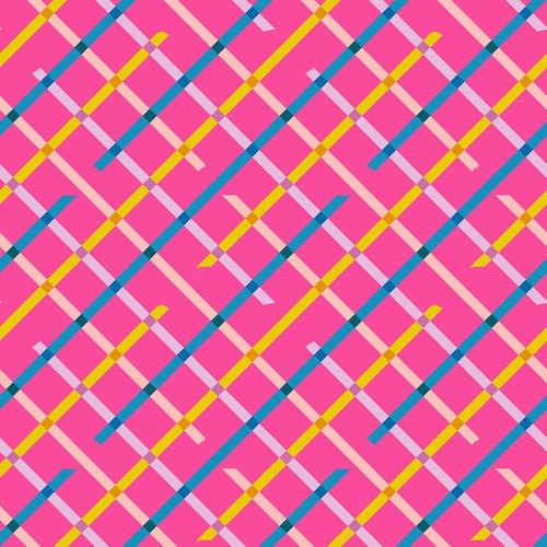 Ruby Star Society Moda Fabric Washi plus Rashida Coleman Hale novelty quilt weight fabric bright pink magenta background criss crossed with turquoise gold light pink lattice work