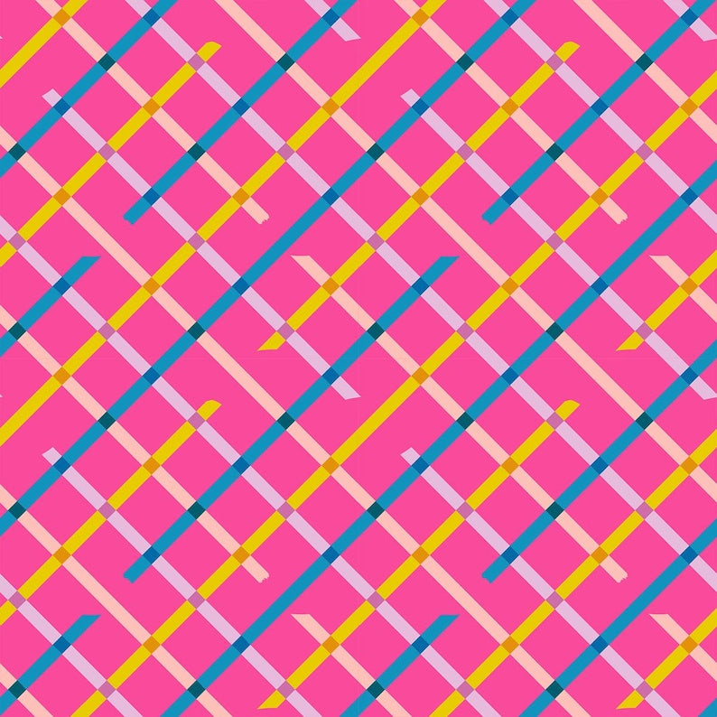 Ruby Star Society Moda Fabric Washi plus Rashida Coleman Hale novelty quilt weight fabric bright pink magenta background criss crossed with turquoise gold light pink lattice work