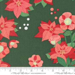 Lizzy House Tiny Christmas Moda Fabric quilt cotton dark green background large pink and red poinsettias star flower pink white and red different sized dottie dots